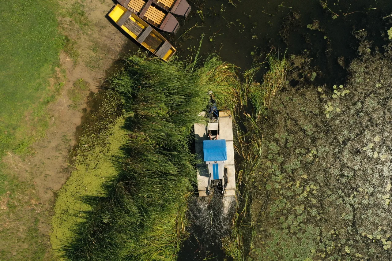 Arbeitsboote auf algenbedecktem Wasser — Drohnenaufnahme