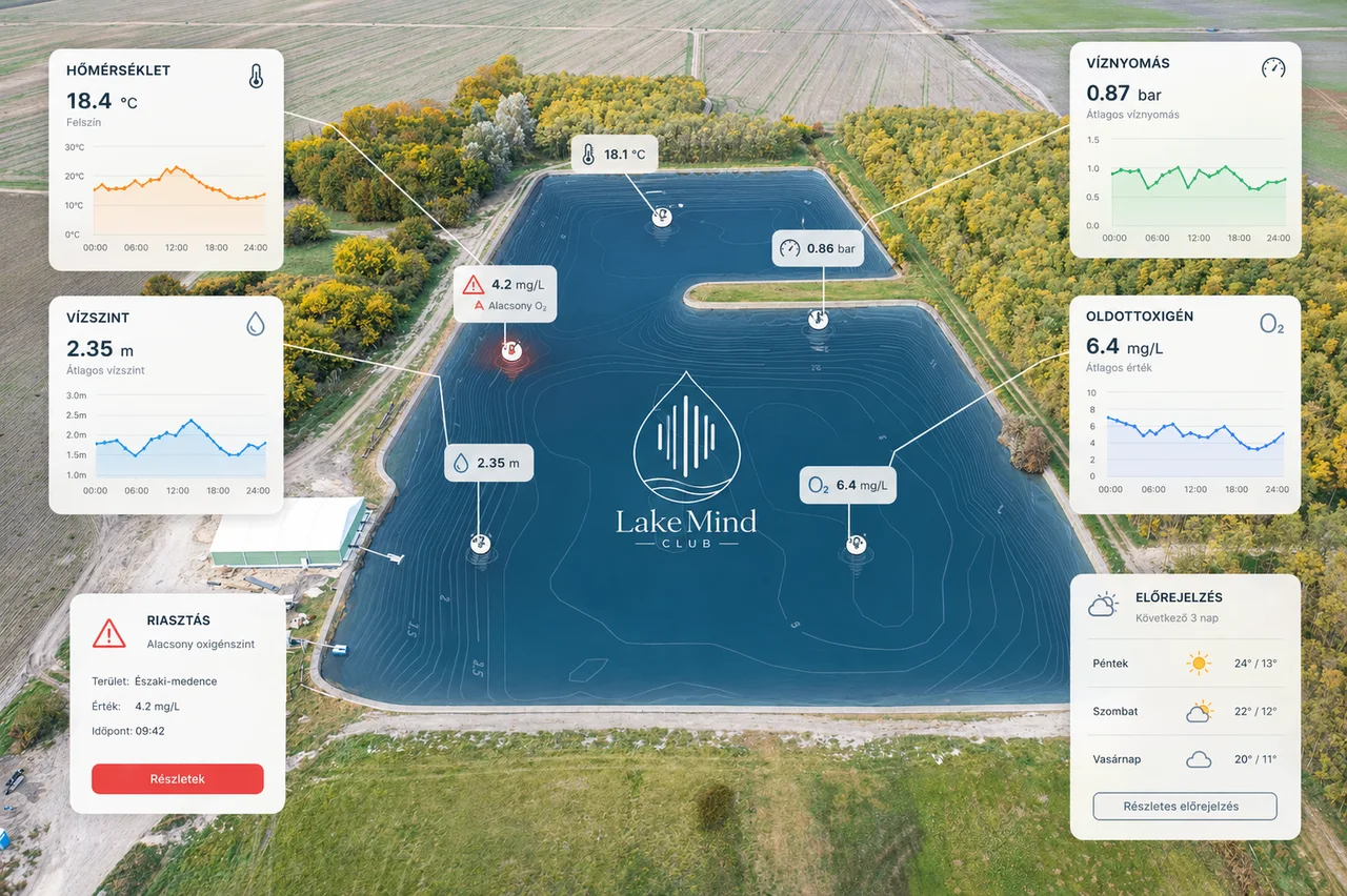 A LakeMind klubtag tavának valós idejű adattáblája — hőmérséklet, vízszint, oldottoxigén, víznyomás, riasztások és előrejelzés.