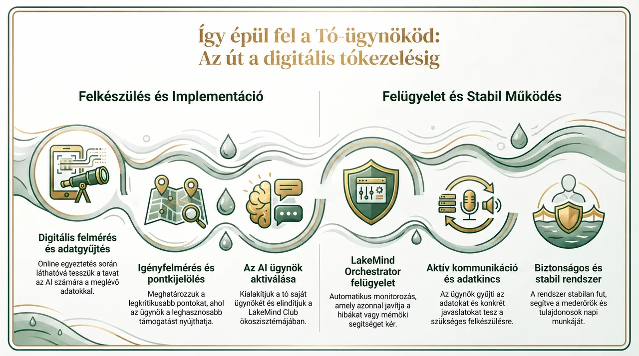 LakeMind folyamatábra — felkészülés és implementáció, majd felügyelet és stabil működés.